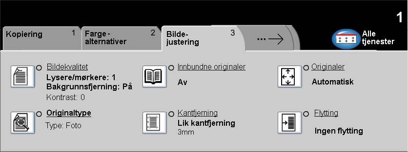Bildejustering Kopiere Kategorien Bildejustering inneholder kopifunksjoner som brukes til å justere utseendet på kopiene. Berør en av de øverste knappene for å velge en funksjon.