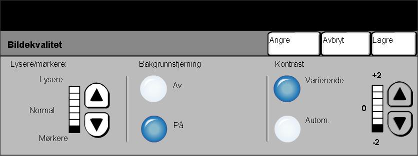 Kopiere Bildekvalitet Bruk denne funksjonen for å forbedre kvaliteten på kopiene. Alternativer Lysere/mørkere Brukes til å justere hvor lyst eller mørkt det ferdige dokumentet skal være.