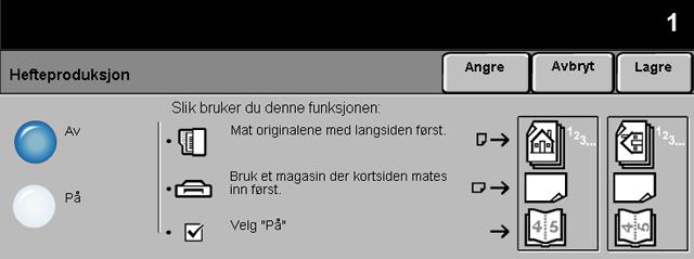 Kopiere Hefteproduksjon Bruk denne funksjonen for å lage flere hefter fra et sett med enten ensidige eller tosidige originaler. Maskinen forminsker hvert bilde og setter det riktig på siden.