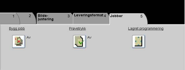 Kopiere Jobber Kategorien Jobber brukes til å kombinere flere dokumenter i én enkelt jobb, lage et prøvetrykk av jobben eller lagre programmeringen for opptil 1000 sidebilder.