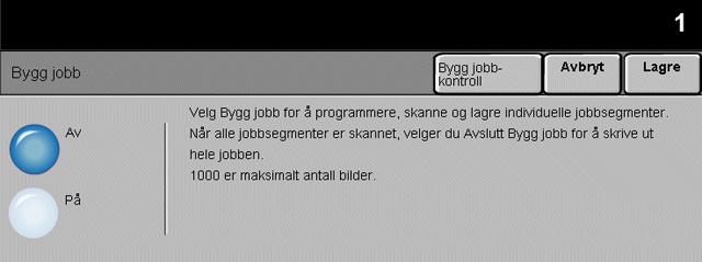 Bygg jobb Kopiere Bruk denne funksjonen til å bygge en jobb som krever forskjellige innstillinger for hver side.