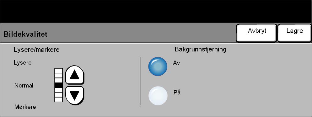 Fakse Bildekvalitet Bruk denne funksjonen til å bedre kvaliteten til den utgående faksen. Lysere/mørkere Brukes til å justere hvor lys eller mørk faksen skal være.