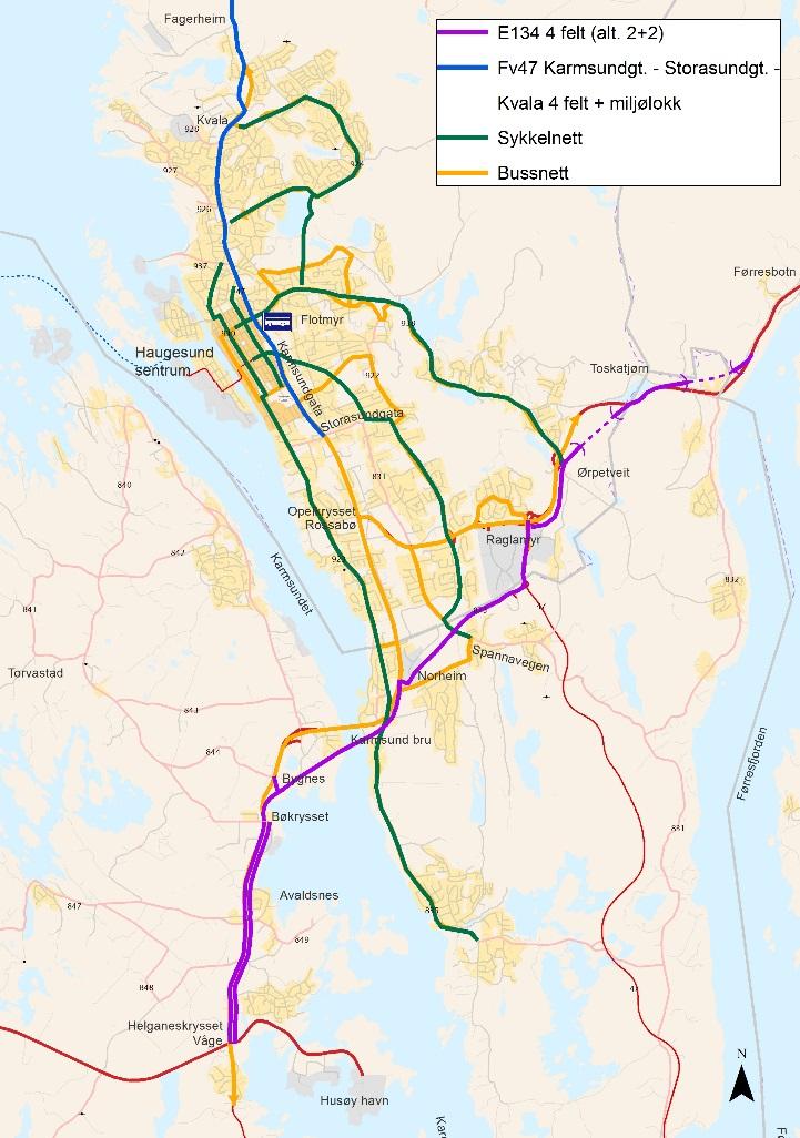 Anbefalt konsept KVU Haugesund Prioritet 1: Gang- og sykkelnett: 2.500 mill. Mindre tiltak: 300 mill. Ny Karmsund bru: 1.060 mill. Ny veg til Husøy havn: 260 mill.