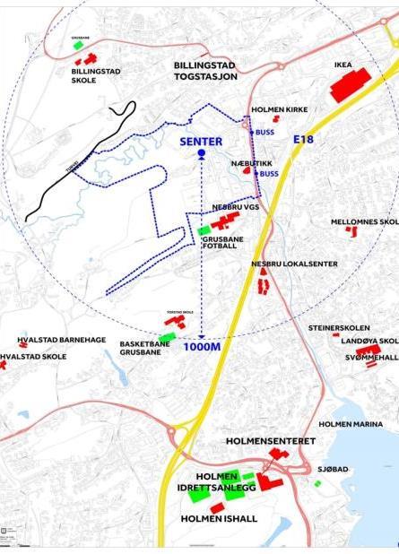 Planmrådets lkalisering g eksisterende tilbud Ligger i «bybåndet» ca 1,8 km til Hlmen ca 3 km til Sandvika Kllektivtilbud Billingstad stasjn med 4 tg/time