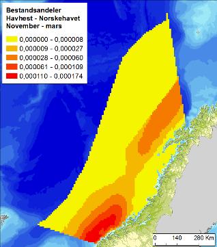Figur F -7 Fordeling av havhest (Fulmarus glacialis) i Norskehavet, i sommer (april-juli), høst (augustnovember) og vintersesongen (november-mars),