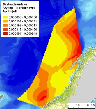 Figur F -9 Fordeling av krykkje (Rissa tridactyla) i Norskehavet, i sommer (april-juli), høst (augustnovember) og vintersesongen (november-mars), basert på modellerte data (Seapop, 2013).