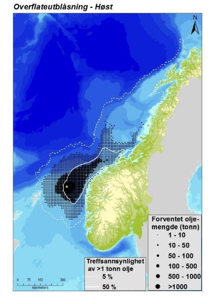 Figur 3-1 Sesongvise forventede treff av oljemengder ( 5 % treff av > 1 tonn olje) i 10 10 km sjøruter gitt en overflateutblåsning fra Snorre-feltet.