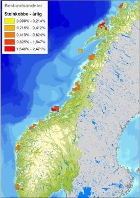 Figur F-43 Geografisk fordeling av steinkobbe innen norske farvann (DN & HI, 2010). Havert (Halichoreus grypus) forekommer i kolonier langs hele norskekysten.