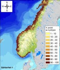 Figur F-46 Andel (%) av strandtype med sårbarhet 1, 2 eller 3 (3 indikerer høyest sårbarhet, og 1 indikerer lavest sårbarhet) per 10 10 km rute langs kysten av Norge.