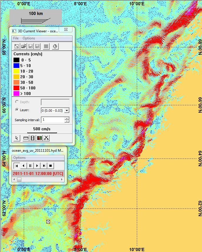 Figur 3-3 Øyeblikksbilde av overflatestrømmer i Norskehavet (Meterologisk Institutt: SVIM arkivet for strøm- og isdata: ftp://ftp.met.no/projects/svim-public/svimresults/).