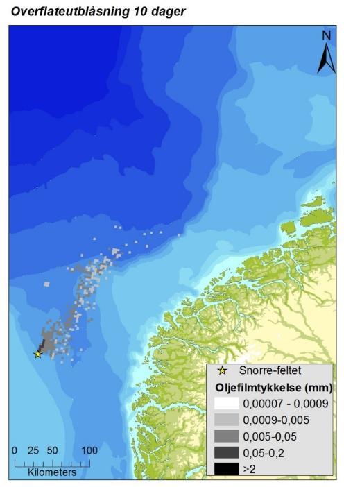 3.4.5 Singelsimulering Figur 3-8 viser en singelsimulering for et overflateutslipp fra Snorre-feltet med startdato i vintersesongen (1.11.