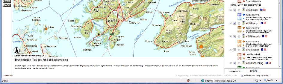 Direktoratet for Naturforvaltning si kartløysing for dei utvalde naturtypane og prioriterte artane med økologisk funksjonsområde viser ingen registreringar langs