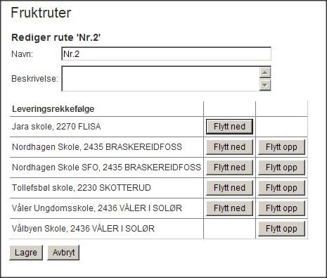 Opprette fruktruter (2) Ved å klikke på rutenavnet får man opp følgende skjermbilde Her kan navn og eventuell beskrivelse endres, og i tillegg kan leveringsrekkefølgen (dvs.