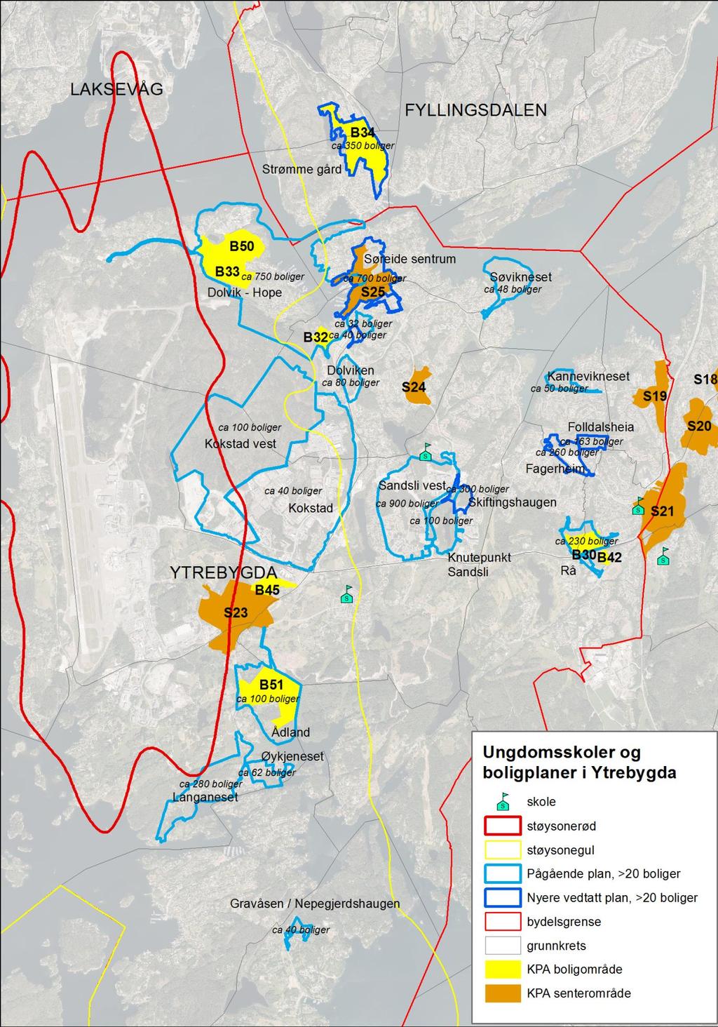 Figur 2: Ungdomsskoler og boligplaner i Ytrebygda