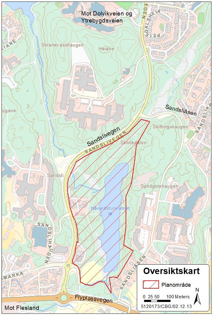 1. Innledning Bergen tomteselskap AS planlegger et område med høy utnytting med leilighetsbygg, kontorlokaler og forretning ved Sandslivegen. Figur 1 viser omtrentlig åde.