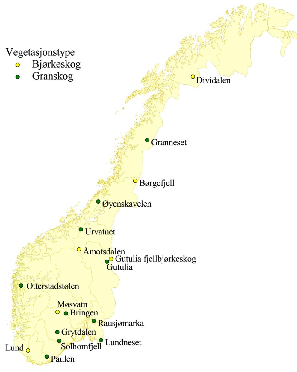 Overvåking av langtransporterte forurensninger 28. Sammendragsrapport (TA-2527/29) Figur 4. Kart over overvåkingsområdene for markvegetasjon i gran- og bjørkeskog.