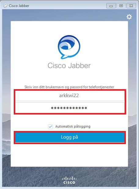 Innlogging For å få opp innloggings boks trykk på i søkefeltet Cisco Jabber.