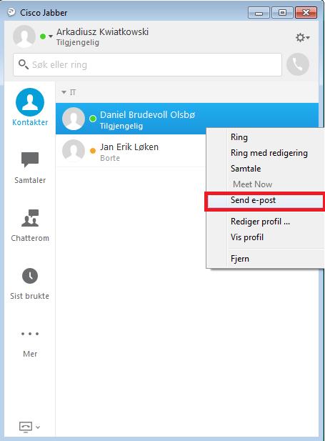 Sende e-poster med jabber For å sende e-post med jabber høyreklikk på brukeren fra din kontaktliste.