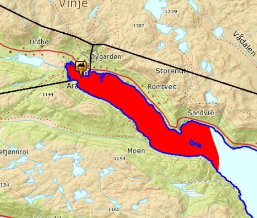 Totak er vist som farleg område nord-vest på vatnet. Løypa kryssar frå men til Araodden og gjeng austover nord for Homane.