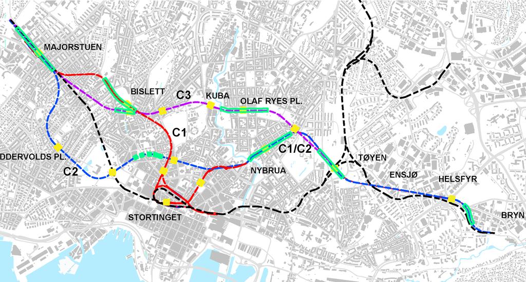 T-banealternativer i konseptfasen Det ble tidlig i prosessen besluttet at aktuelle T-banealternativer skulle være mellom Majorstuen og Tøyen.