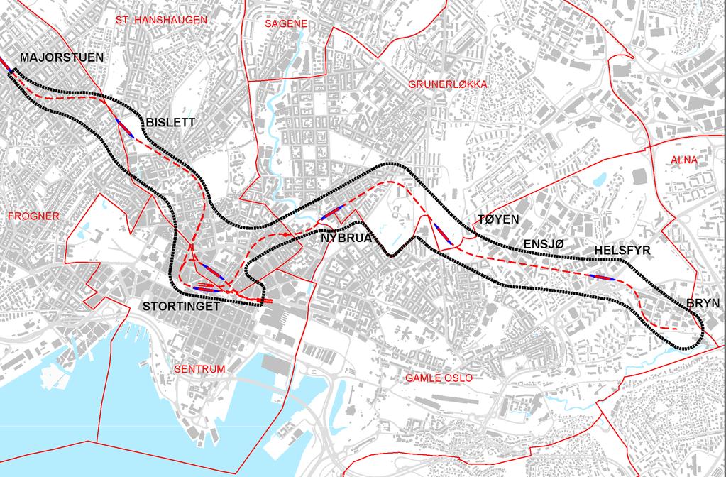 1.2 Planområdet Utgangspunkt for planområdet er anbefalingen i KVU Oslo-Navet om trasé for ny T-banetunnel, samt bestillingen fra Oslo kommune og Akershus fylkeskommune om å legge anbefalingene fra