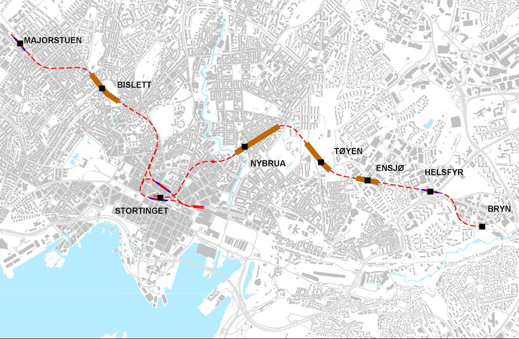 reguleres som en del av Fornebubanen. Planområdet for ny sentrumstunnel avsluttes før Brynseng T-banestasjon. Oppganger fra T-banetunnelen og stasjonsområder er en del av planområdet.