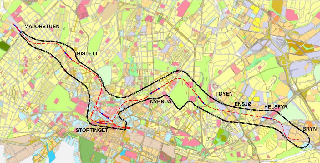 HØRINGSUTGAVE PLANPROGRAM NY T-BANETUNNEL 1.3.5 Gjeldende regulering Planområdet strekker seg fra Majorstuen til Bryn. Planområdet er stort og langstrakt og omfatter en rekke vedtatte planer.