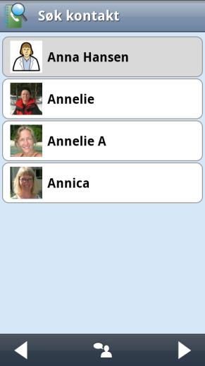 Man må skrive inn minst to bokstaver. Man trykker på OK for å søke etter kontakter som matcher søkeordet. Søkeresultatene vises i en liste.