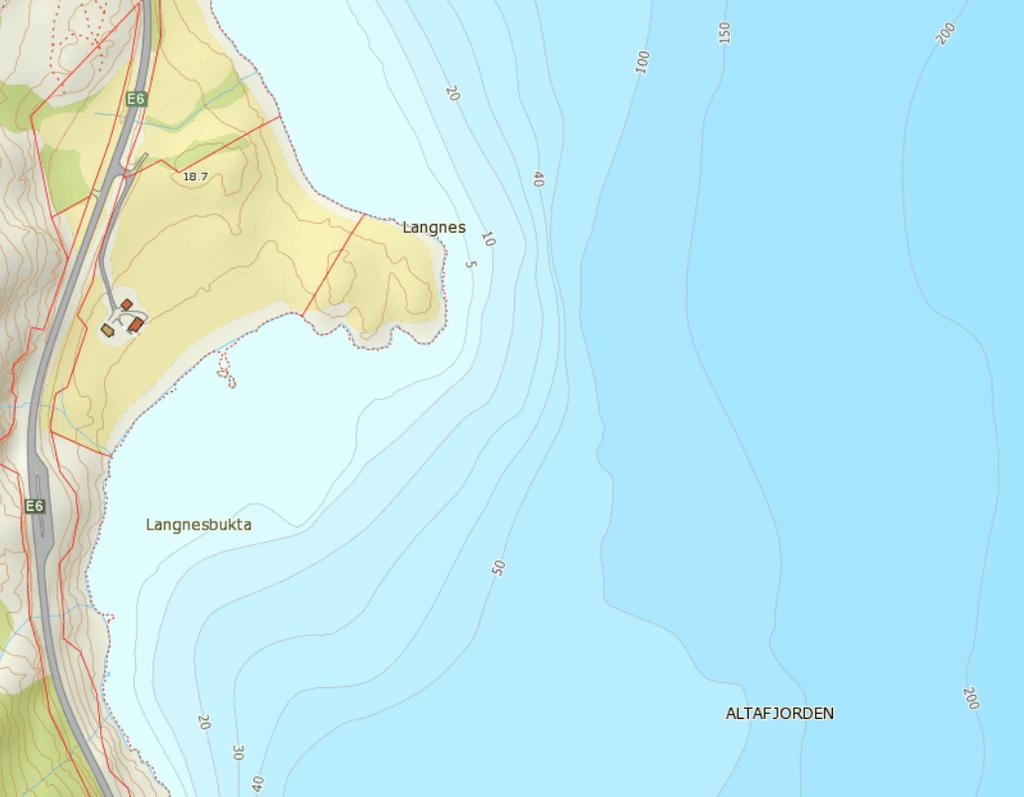 Langnesbukt Grunnundersøkelser multiconsult.no 3 Grunnforhold Figur 2: Kart med sjøbunnskoter over området. Utenfor Langneset går sjøbunnen i Altafjorden ned mot kote minus 4 på det dypeste. 3.3 Løsmasser sjø Alle sonderinger er avsluttet i berg.