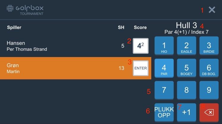 Når du trykker på en firkant for å taste antall slag, kommer du til dette bildet: Guide til de forskjellige knappene på skjermen 1. Gå tilbake til oversikten 2.
