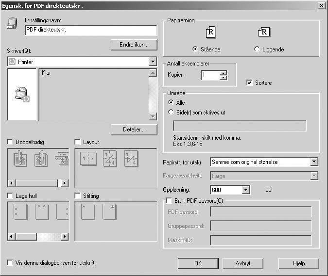 Andre utskriftsoperasjoner Egenskaper for PDF direkteutskrift 3 NO APK103S 1. Innstillingsnavn: Viser plug-in-konfigurasjonsnavnet (opptil 63 tegn med enkelt byte) 2. Endre ikon.