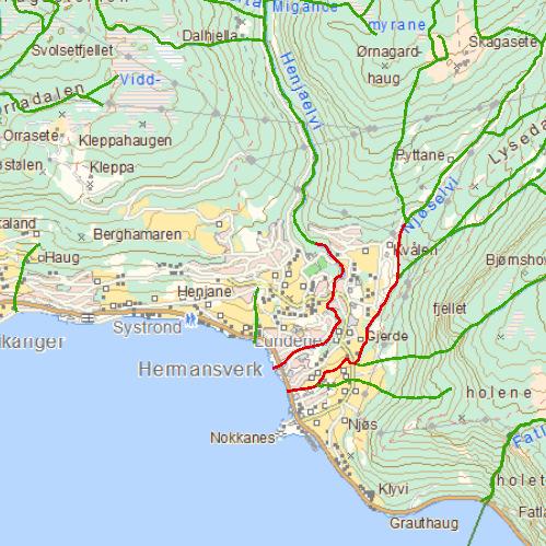 13.1.1 Kyst Kaupanger Hella vassdragsområde, Leikanger Figur 21 Njøselvi og Henjaelvi, kyst Kaupanger Hella vassdragsområde i Leikanger kommune Njøselvi, nedre 77-47-R Økologisk tilstand: Moderat