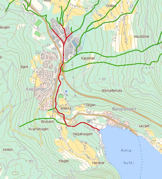 Figur 24 Kaupangerelva, kyst Kaupanger - Hella vassdragsområde, Sogndal kommune Kaupangerelva 77-2-R Økologisk tilstand: Dårleg Miljømål: Godt økologisk og kjemisk tilstand (GØT 215) Påverknader