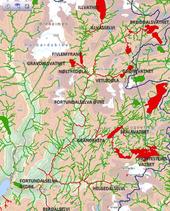 Figur 35 Fortunvassdraget, Luster kommune Fortundalselva nedre 75-27 -R Økologisk tilstand: Dårleg Miljømål: God økologisk potensial og god kjemisk tilstand (GØP 227) ksmvf Fortunvassdraget