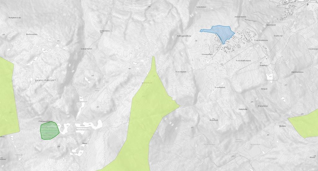 Fig. 1 Aktsomhetsområder mht. skred i flg. NVE-atlas: Reguleringsområdet går klar av alle aktsomhetsområder Fig.