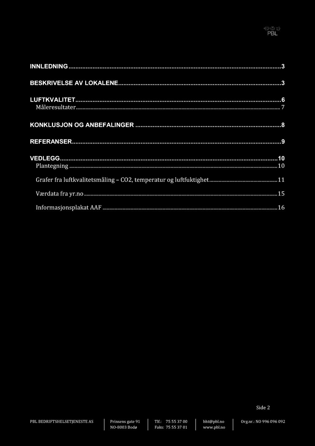 Innhold INNLEDNING...3 BESKRIVELSE AV LOKALENE...3 LUFTKVALITET...6 Måleresultater......... 7 KONKLUSJON OG ANBEFALINGER...8 REFERANSER...9 VEDLEGG.