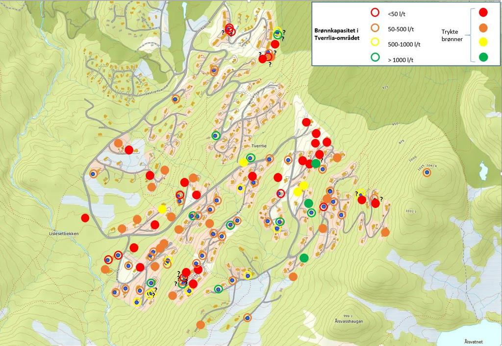 8 Figur 4. Beliggenhet av fjellbrønner og kapasitet (trykt/ikke trykt) i områdene ved Tverrlie.