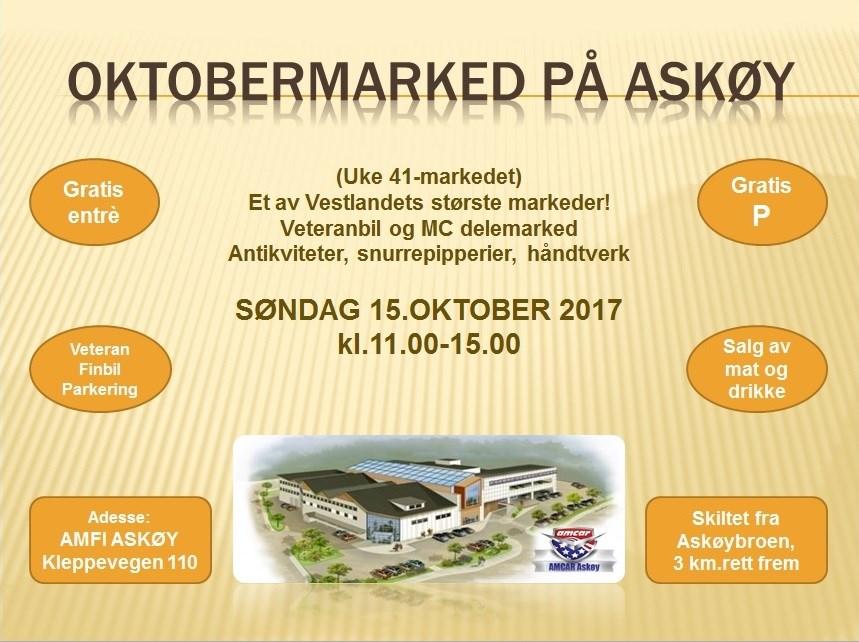 AMCAR Askøy innbyr til Oktobermarked på AMFI Askøy Senter, Kleppe, søndag 15.oktober 2017 (Det blir skiltet fra Askøybroen, 3 km.