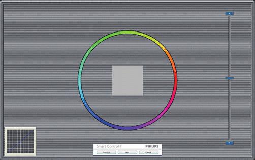 3. Bildeoptimering Første fargekalibreringsskjerm Eco Power-menyen Previous (Forrige)-knappen er deaktivert frem til den andre fargeskjermen. Neste går til påfølgende mål (6 mål).