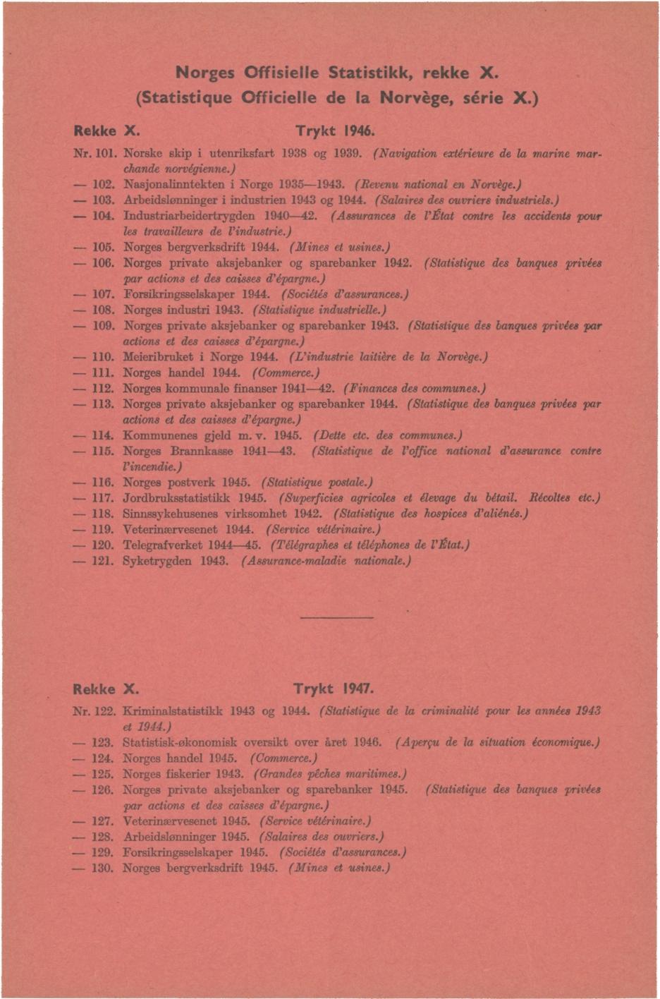 Norges Offisielle Statistikk, rekke X. (Statistique Officielle de la Norvège, série X.) Rekke X. Trykt 1946. Nr. 101. Norske skip i utenriksfart 1938 og 1939.