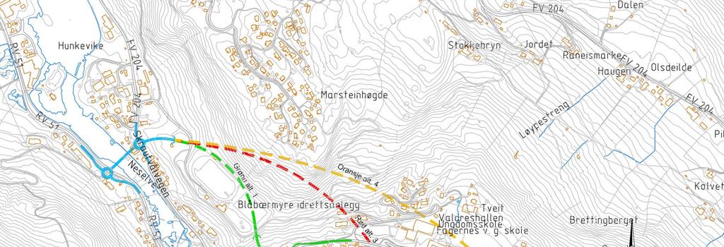 4 Beskrivelse av alternativene 4.1 FAGERNES SENTRUM Figur 8: Alternativer gjennom Fagernes På strekningen gjennom Fagernes er det utarbeidet fire alternativer.