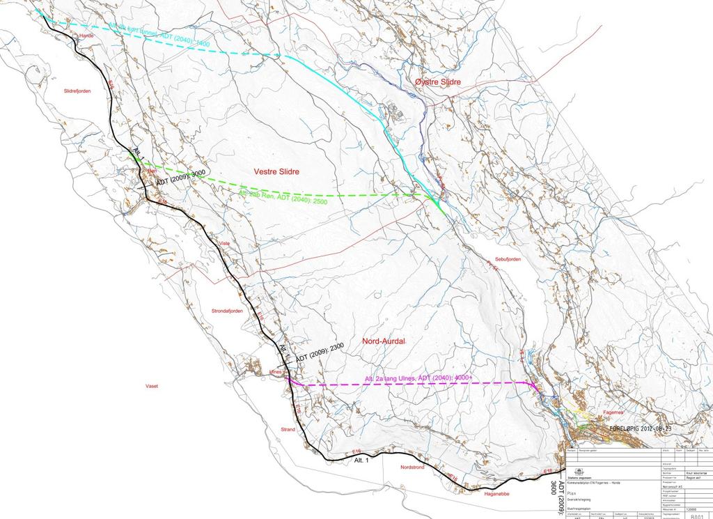4.2 FAGERNES HANDE Figur 9: Oversikt over alternativ Fagernes - Hande På strekningen mellom Fagernes og Hande er det utarbeidet fire alternativer som man anbefaler å ta vi med videre i