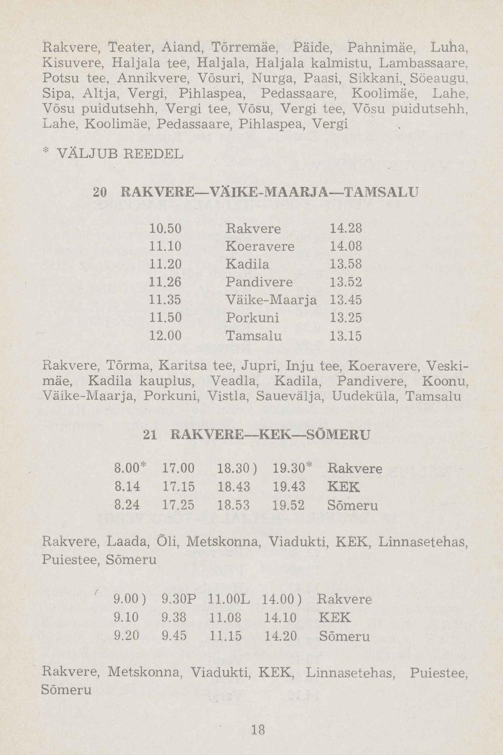 Rakvere, Teater, Aiand, Tõrremäe, Paide, Pahnimäe, Luha, Kisuvere, Haljala tee, Haljala, Haljala kalmistu, Lambassaare, Potsu tee, Annik vere, Võsuri, Nurga, Paasi, Sikkani,, Söeaugu, Sipa, Alt ja,