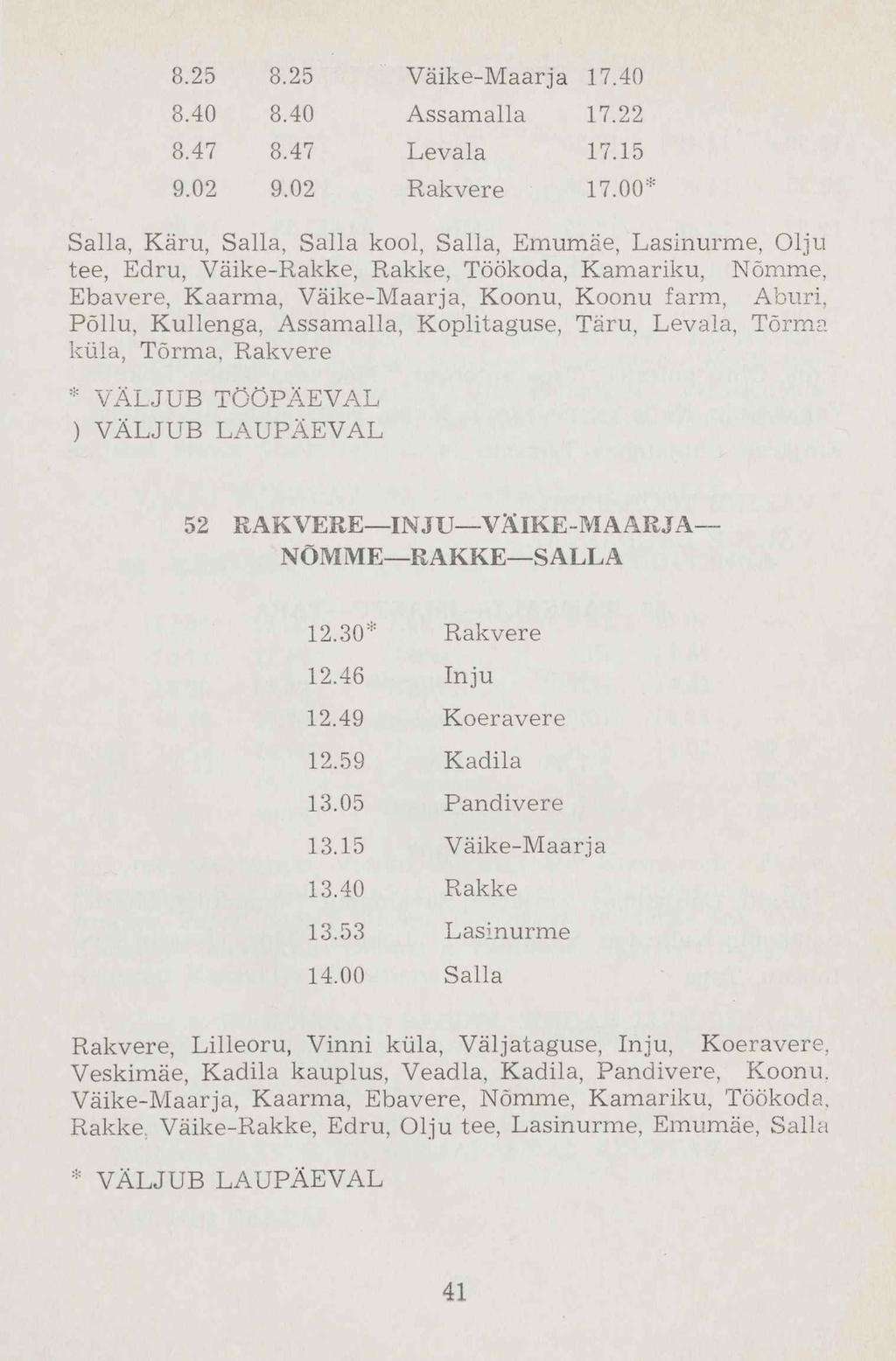 8.25 8.25 Väike-Maarja 17.40 8.40 8.40 Assamalla 17.22 8.47 8.47 Levala 17.15 9.02 9.02 Rakvere 17.