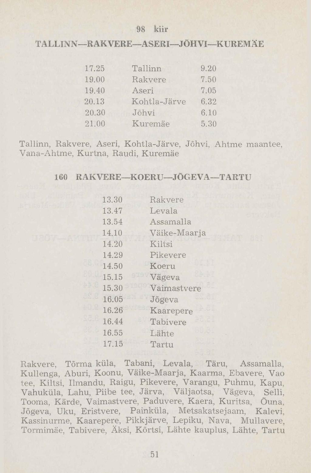 17.25 Tallinn 9.20 19.00 Rakvere 7.50 19.40 Aseri 7.05 20.13 Kohtla-Järve 6.32 20.30 Jõhvi 6.10 21.00 Kuremäe 5.