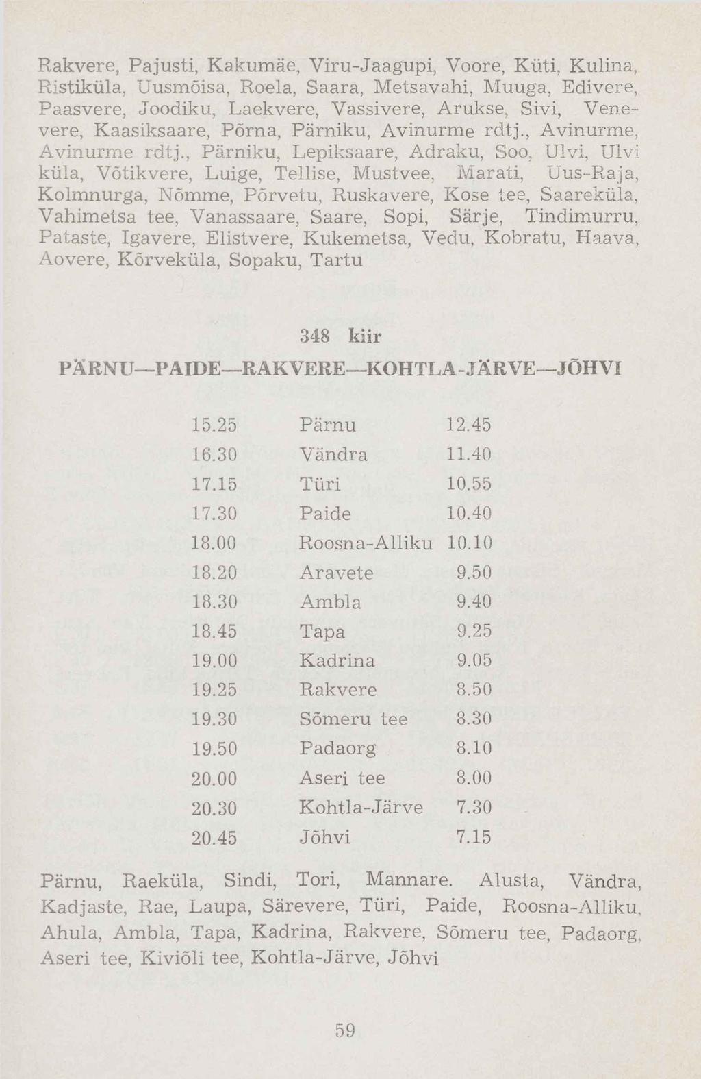 Rakvere, Pa j usti, Kakumäe, Viru-Jaagupi, Voore, Küti, Kulina, Ristiküla, Uusmõisa, Roela, Saara, Metsavahi, Muuga, Edivere, Paasvere, Joodiku, Laekvere, Vassivere, Arukse, Sivi, Venevere,