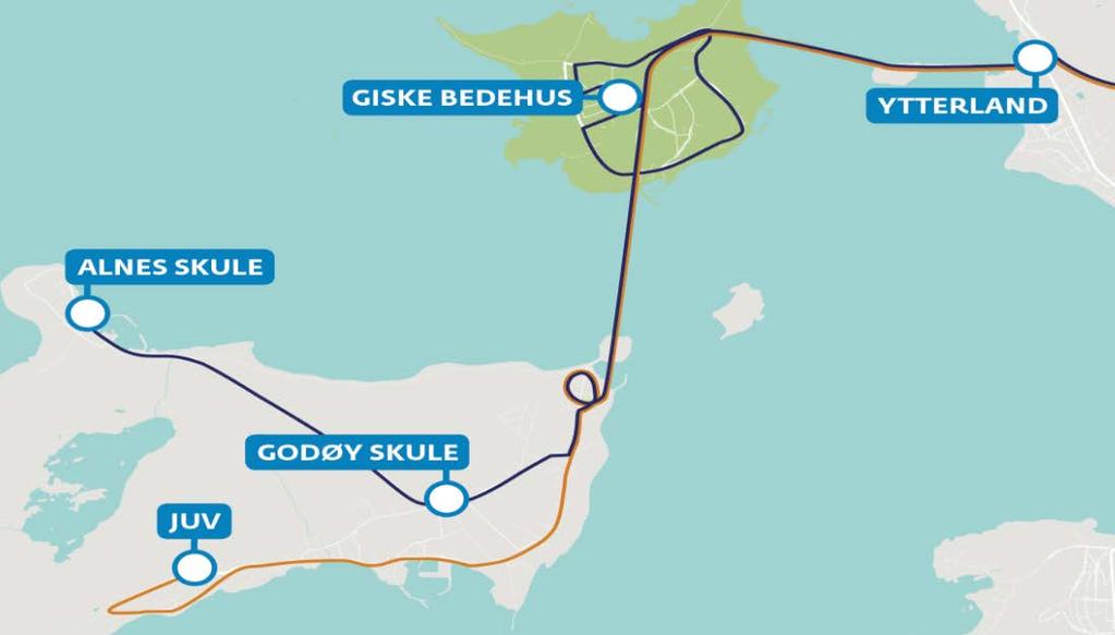 Mulig løysing Giske/Godøy (linje 664) Timesfrekvens Ytterland- Valkvæ/Leitebakk 2-timarsfrekvens Giske bedehus, Alnes, Juv Time 1: Ytterland-