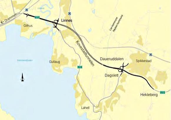 Rv 23 Dagslett-Linnes 5,5 km ny 4-felts veg 2,2 km tunnel Lokalt vegnett Gang og sykkelveger