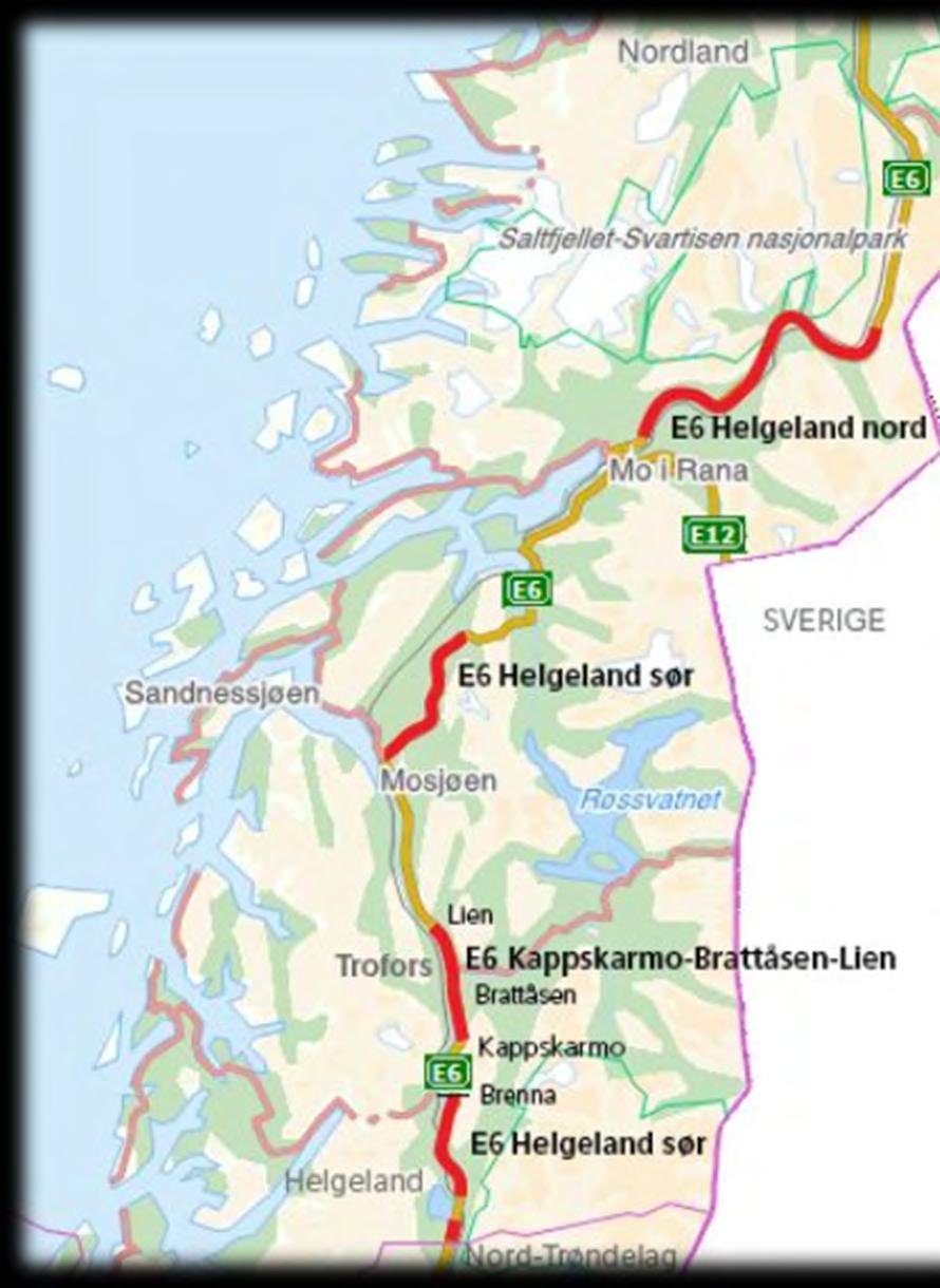 E6 Helgeland E6 Helgeland består av tre delprosjekter: 62 km Helgeland nord: Korgen-Bolna Vegutviklingskontrakt 22 km Kapskarmo-Brattåsen-Lien (Ikke startet) 58 km Helgeland sør: NT-grense-Korgen