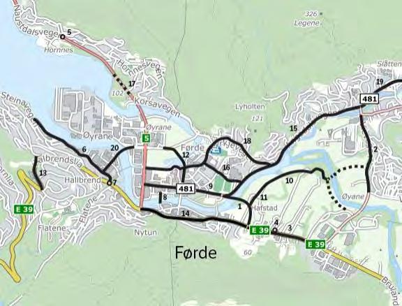 Sogn og Fjordane Førdepakken Føremål: Bidra til ei god sentrumsutvikling i Førde 20 tiltak 1650 mill. 2015-kr Utlysing av tiltak 2017/18: Rv. 5 Bergumkrysset E39 Askvollkrysset/fv.